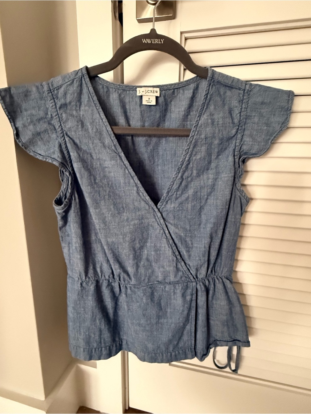 XS J. Crew Chambray Wrap-Front Short Sleeve Top in Light Blue